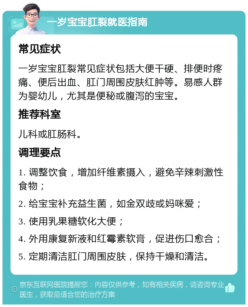 一岁宝宝肛裂就医指南 常见症状 一岁宝宝肛裂常见症状包括大便干硬、排便时疼痛、便后出血、肛门周围皮肤红肿等。易感人群为婴幼儿，尤其是便秘或腹泻的宝宝。 推荐科室 儿科或肛肠科。 调理要点 1. 调整饮食，增加纤维素摄入，避免辛辣刺激性食物； 2. 给宝宝补充益生菌，如金双歧或妈咪爱； 3. 使用乳果糖软化大便； 4. 外用康复新液和红霉素软膏，促进伤口愈合； 5. 定期清洁肛门周围皮肤，保持干燥和清洁。