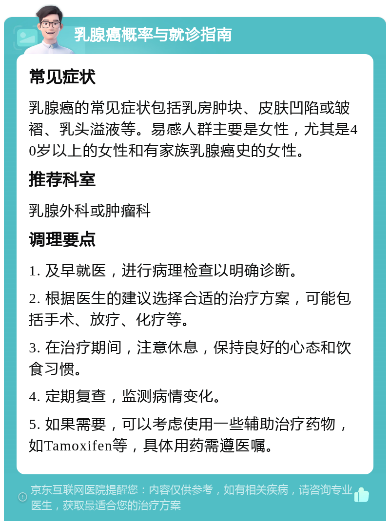 乳腺癌概率与就诊指南 常见症状 乳腺癌的常见症状包括乳房肿块、皮肤凹陷或皱褶、乳头溢液等。易感人群主要是女性，尤其是40岁以上的女性和有家族乳腺癌史的女性。 推荐科室 乳腺外科或肿瘤科 调理要点 1. 及早就医，进行病理检查以明确诊断。 2. 根据医生的建议选择合适的治疗方案，可能包括手术、放疗、化疗等。 3. 在治疗期间，注意休息，保持良好的心态和饮食习惯。 4. 定期复查，监测病情变化。 5. 如果需要，可以考虑使用一些辅助治疗药物，如Tamoxifen等，具体用药需遵医嘱。