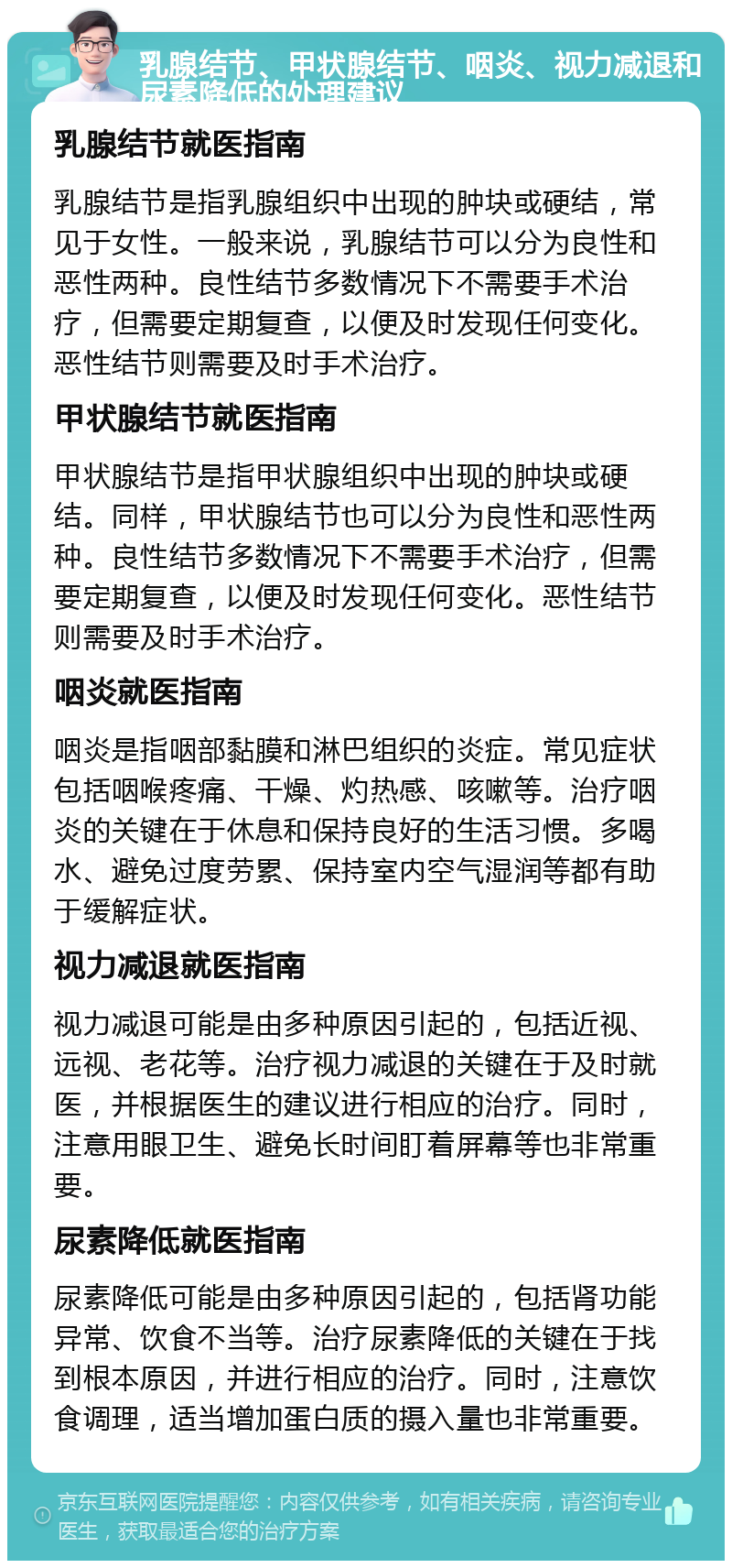 乳腺结节、甲状腺结节、咽炎、视力减退和尿素降低的处理建议 乳腺结节就医指南 乳腺结节是指乳腺组织中出现的肿块或硬结，常见于女性。一般来说，乳腺结节可以分为良性和恶性两种。良性结节多数情况下不需要手术治疗，但需要定期复查，以便及时发现任何变化。恶性结节则需要及时手术治疗。 甲状腺结节就医指南 甲状腺结节是指甲状腺组织中出现的肿块或硬结。同样，甲状腺结节也可以分为良性和恶性两种。良性结节多数情况下不需要手术治疗，但需要定期复查，以便及时发现任何变化。恶性结节则需要及时手术治疗。 咽炎就医指南 咽炎是指咽部黏膜和淋巴组织的炎症。常见症状包括咽喉疼痛、干燥、灼热感、咳嗽等。治疗咽炎的关键在于休息和保持良好的生活习惯。多喝水、避免过度劳累、保持室内空气湿润等都有助于缓解症状。 视力减退就医指南 视力减退可能是由多种原因引起的，包括近视、远视、老花等。治疗视力减退的关键在于及时就医，并根据医生的建议进行相应的治疗。同时，注意用眼卫生、避免长时间盯着屏幕等也非常重要。 尿素降低就医指南 尿素降低可能是由多种原因引起的，包括肾功能异常、饮食不当等。治疗尿素降低的关键在于找到根本原因，并进行相应的治疗。同时，注意饮食调理，适当增加蛋白质的摄入量也非常重要。