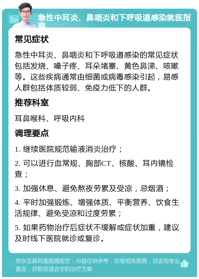 急性中耳炎、鼻咽炎和下呼吸道感染就医指南 常见症状 急性中耳炎、鼻咽炎和下呼吸道感染的常见症状包括发烧、嗓子疼、耳朵堵塞、黄色鼻涕、咳嗽等。这些疾病通常由细菌或病毒感染引起，易感人群包括体质较弱、免疫力低下的人群。 推荐科室 耳鼻喉科、呼吸内科 调理要点 1. 继续医院规范输液消炎治疗； 2. 可以进行血常规、胸部CT、核酸、耳内镜检查； 3. 加强休息、避免熬夜劳累及受凉，忌烟酒； 4. 平时加强锻炼、增强体质、平衡营养、饮食生活规律、避免受凉和过度劳累； 5. 如果药物治疗后症状不缓解或症状加重，建议及时线下医院就诊或复诊。