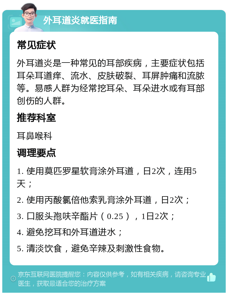 外耳道炎就医指南 常见症状 外耳道炎是一种常见的耳部疾病，主要症状包括耳朵耳道痒、流水、皮肤破裂、耳屏肿痛和流脓等。易感人群为经常挖耳朵、耳朵进水或有耳部创伤的人群。 推荐科室 耳鼻喉科 调理要点 1. 使用莫匹罗星软膏涂外耳道，日2次，连用5天； 2. 使用丙酸氯倍他索乳膏涂外耳道，日2次； 3. 口服头孢呋辛酯片（0.25），1日2次； 4. 避免挖耳和外耳道进水； 5. 清淡饮食，避免辛辣及刺激性食物。