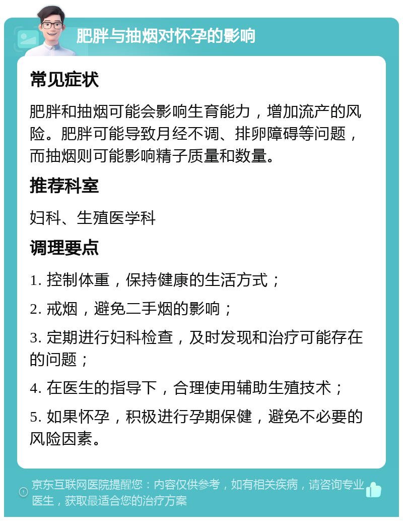 肥胖与抽烟对怀孕的影响 常见症状 肥胖和抽烟可能会影响生育能力，增加流产的风险。肥胖可能导致月经不调、排卵障碍等问题，而抽烟则可能影响精子质量和数量。 推荐科室 妇科、生殖医学科 调理要点 1. 控制体重，保持健康的生活方式； 2. 戒烟，避免二手烟的影响； 3. 定期进行妇科检查，及时发现和治疗可能存在的问题； 4. 在医生的指导下，合理使用辅助生殖技术； 5. 如果怀孕，积极进行孕期保健，避免不必要的风险因素。