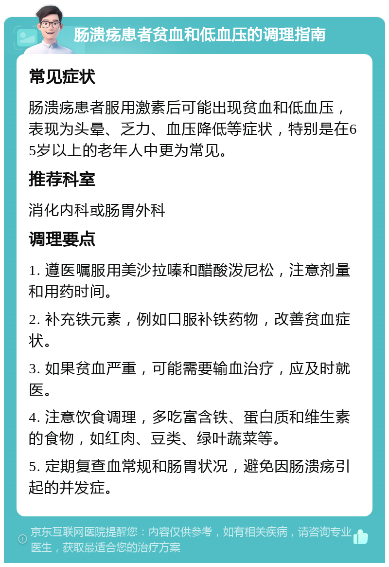 肠溃疡患者贫血和低血压的调理指南 常见症状 肠溃疡患者服用激素后可能出现贫血和低血压，表现为头晕、乏力、血压降低等症状，特别是在65岁以上的老年人中更为常见。 推荐科室 消化内科或肠胃外科 调理要点 1. 遵医嘱服用美沙拉嗪和醋酸泼尼松，注意剂量和用药时间。 2. 补充铁元素，例如口服补铁药物，改善贫血症状。 3. 如果贫血严重，可能需要输血治疗，应及时就医。 4. 注意饮食调理，多吃富含铁、蛋白质和维生素的食物，如红肉、豆类、绿叶蔬菜等。 5. 定期复查血常规和肠胃状况，避免因肠溃疡引起的并发症。