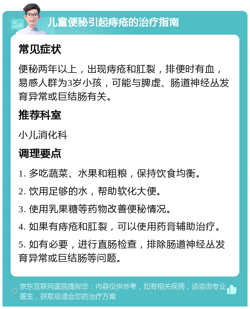 儿童便秘引起痔疮的治疗指南 常见症状 便秘两年以上，出现痔疮和肛裂，排便时有血，易感人群为3岁小孩，可能与脾虚、肠道神经丛发育异常或巨结肠有关。 推荐科室 小儿消化科 调理要点 1. 多吃蔬菜、水果和粗粮，保持饮食均衡。 2. 饮用足够的水，帮助软化大便。 3. 使用乳果糖等药物改善便秘情况。 4. 如果有痔疮和肛裂，可以使用药膏辅助治疗。 5. 如有必要，进行直肠检查，排除肠道神经丛发育异常或巨结肠等问题。