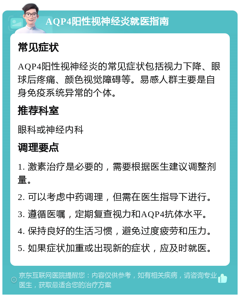 AQP4阳性视神经炎就医指南 常见症状 AQP4阳性视神经炎的常见症状包括视力下降、眼球后疼痛、颜色视觉障碍等。易感人群主要是自身免疫系统异常的个体。 推荐科室 眼科或神经内科 调理要点 1. 激素治疗是必要的，需要根据医生建议调整剂量。 2. 可以考虑中药调理，但需在医生指导下进行。 3. 遵循医嘱，定期复查视力和AQP4抗体水平。 4. 保持良好的生活习惯，避免过度疲劳和压力。 5. 如果症状加重或出现新的症状，应及时就医。