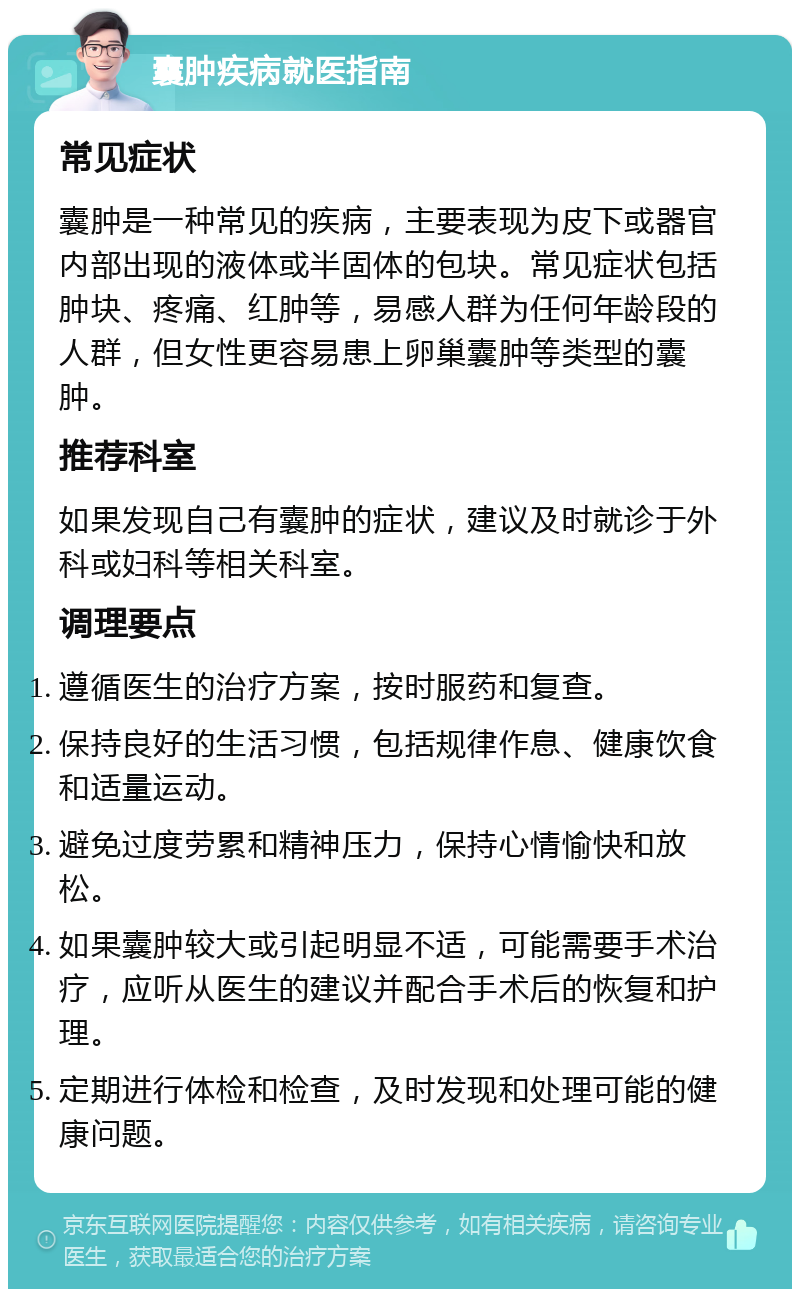 囊肿疾病就医指南 常见症状 囊肿是一种常见的疾病，主要表现为皮下或器官内部出现的液体或半固体的包块。常见症状包括肿块、疼痛、红肿等，易感人群为任何年龄段的人群，但女性更容易患上卵巢囊肿等类型的囊肿。 推荐科室 如果发现自己有囊肿的症状，建议及时就诊于外科或妇科等相关科室。 调理要点 遵循医生的治疗方案，按时服药和复查。 保持良好的生活习惯，包括规律作息、健康饮食和适量运动。 避免过度劳累和精神压力，保持心情愉快和放松。 如果囊肿较大或引起明显不适，可能需要手术治疗，应听从医生的建议并配合手术后的恢复和护理。 定期进行体检和检查，及时发现和处理可能的健康问题。