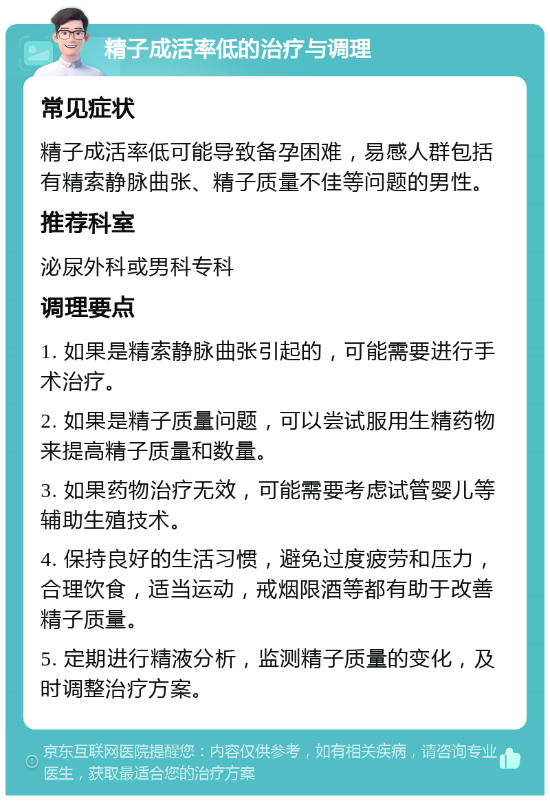 精子成活率低的治疗与调理 常见症状 精子成活率低可能导致备孕困难，易感人群包括有精索静脉曲张、精子质量不佳等问题的男性。 推荐科室 泌尿外科或男科专科 调理要点 1. 如果是精索静脉曲张引起的，可能需要进行手术治疗。 2. 如果是精子质量问题，可以尝试服用生精药物来提高精子质量和数量。 3. 如果药物治疗无效，可能需要考虑试管婴儿等辅助生殖技术。 4. 保持良好的生活习惯，避免过度疲劳和压力，合理饮食，适当运动，戒烟限酒等都有助于改善精子质量。 5. 定期进行精液分析，监测精子质量的变化，及时调整治疗方案。