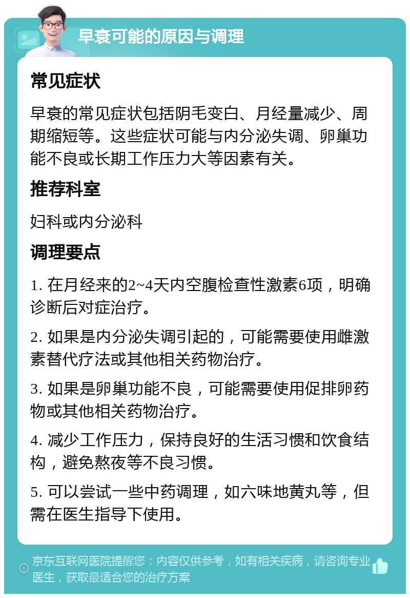 早衰可能的原因与调理 常见症状 早衰的常见症状包括阴毛变白、月经量减少、周期缩短等。这些症状可能与内分泌失调、卵巢功能不良或长期工作压力大等因素有关。 推荐科室 妇科或内分泌科 调理要点 1. 在月经来的2~4天内空腹检查性激素6项，明确诊断后对症治疗。 2. 如果是内分泌失调引起的，可能需要使用雌激素替代疗法或其他相关药物治疗。 3. 如果是卵巢功能不良，可能需要使用促排卵药物或其他相关药物治疗。 4. 减少工作压力，保持良好的生活习惯和饮食结构，避免熬夜等不良习惯。 5. 可以尝试一些中药调理，如六味地黄丸等，但需在医生指导下使用。