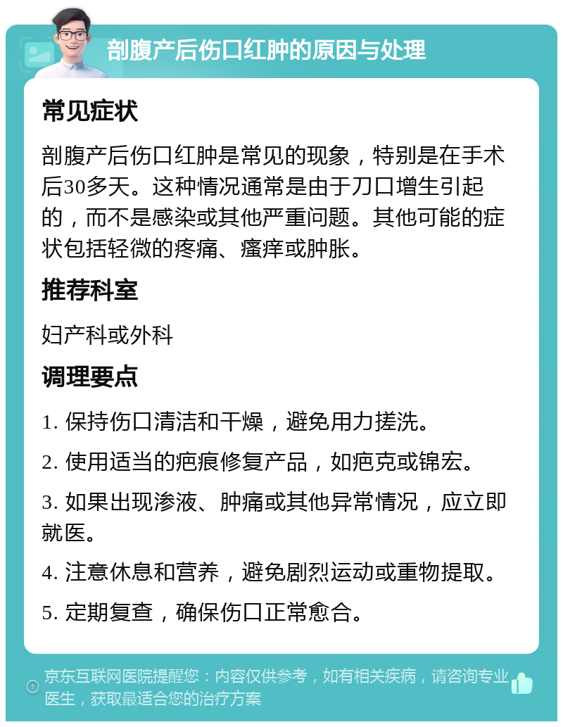 剖腹产后伤口红肿的原因与处理 常见症状 剖腹产后伤口红肿是常见的现象，特别是在手术后30多天。这种情况通常是由于刀口增生引起的，而不是感染或其他严重问题。其他可能的症状包括轻微的疼痛、瘙痒或肿胀。 推荐科室 妇产科或外科 调理要点 1. 保持伤口清洁和干燥，避免用力搓洗。 2. 使用适当的疤痕修复产品，如疤克或锦宏。 3. 如果出现渗液、肿痛或其他异常情况，应立即就医。 4. 注意休息和营养，避免剧烈运动或重物提取。 5. 定期复查，确保伤口正常愈合。