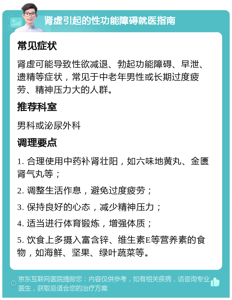 肾虚引起的性功能障碍就医指南 常见症状 肾虚可能导致性欲减退、勃起功能障碍、早泄、遗精等症状，常见于中老年男性或长期过度疲劳、精神压力大的人群。 推荐科室 男科或泌尿外科 调理要点 1. 合理使用中药补肾壮阳，如六味地黄丸、金匮肾气丸等； 2. 调整生活作息，避免过度疲劳； 3. 保持良好的心态，减少精神压力； 4. 适当进行体育锻炼，增强体质； 5. 饮食上多摄入富含锌、维生素E等营养素的食物，如海鲜、坚果、绿叶蔬菜等。