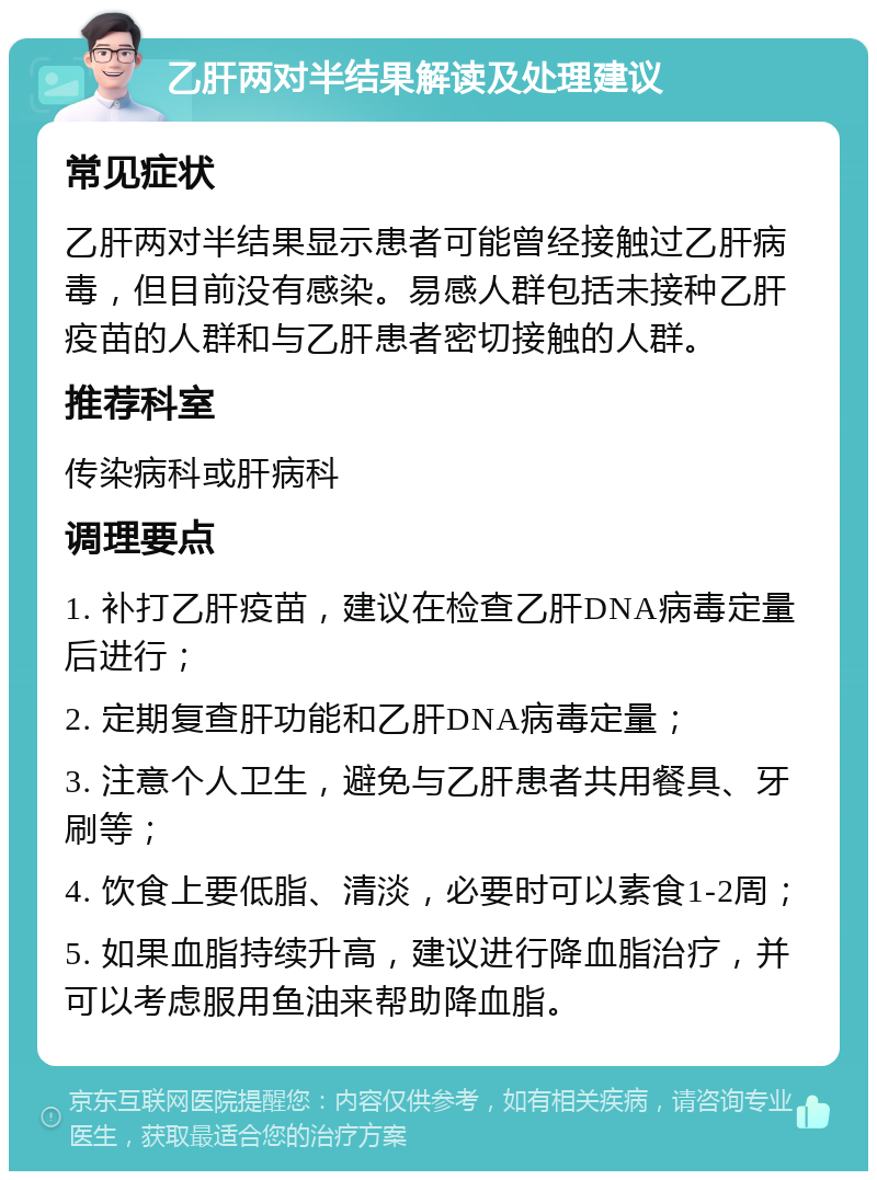 乙肝两对半结果解读及处理建议 常见症状 乙肝两对半结果显示患者可能曾经接触过乙肝病毒，但目前没有感染。易感人群包括未接种乙肝疫苗的人群和与乙肝患者密切接触的人群。 推荐科室 传染病科或肝病科 调理要点 1. 补打乙肝疫苗，建议在检查乙肝DNA病毒定量后进行； 2. 定期复查肝功能和乙肝DNA病毒定量； 3. 注意个人卫生，避免与乙肝患者共用餐具、牙刷等； 4. 饮食上要低脂、清淡，必要时可以素食1-2周； 5. 如果血脂持续升高，建议进行降血脂治疗，并可以考虑服用鱼油来帮助降血脂。