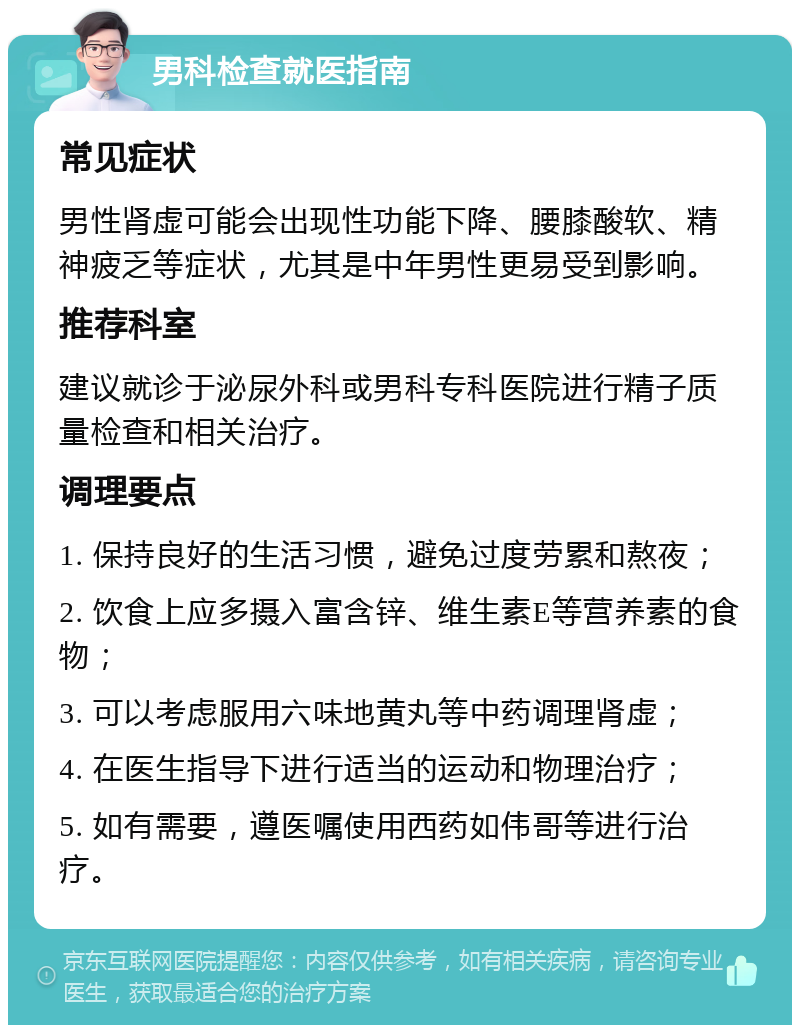 男科检查就医指南 常见症状 男性肾虚可能会出现性功能下降、腰膝酸软、精神疲乏等症状，尤其是中年男性更易受到影响。 推荐科室 建议就诊于泌尿外科或男科专科医院进行精子质量检查和相关治疗。 调理要点 1. 保持良好的生活习惯，避免过度劳累和熬夜； 2. 饮食上应多摄入富含锌、维生素E等营养素的食物； 3. 可以考虑服用六味地黄丸等中药调理肾虚； 4. 在医生指导下进行适当的运动和物理治疗； 5. 如有需要，遵医嘱使用西药如伟哥等进行治疗。