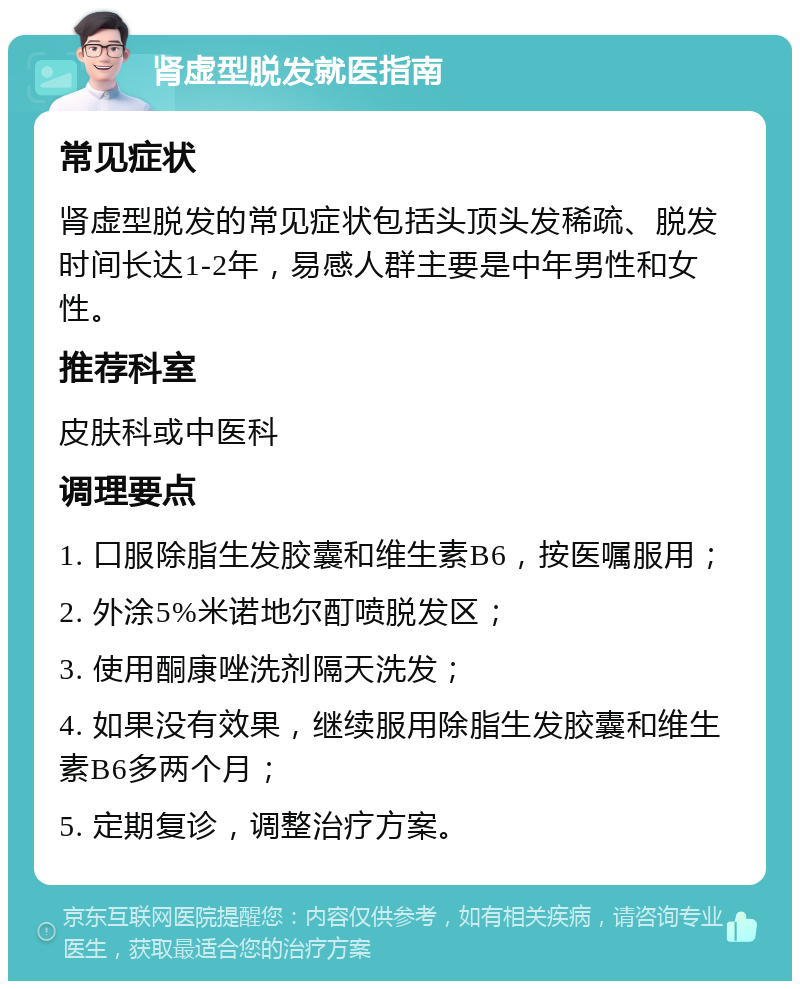 肾虚型脱发就医指南 常见症状 肾虚型脱发的常见症状包括头顶头发稀疏、脱发时间长达1-2年，易感人群主要是中年男性和女性。 推荐科室 皮肤科或中医科 调理要点 1. 口服除脂生发胶囊和维生素B6，按医嘱服用； 2. 外涂5%米诺地尔酊喷脱发区； 3. 使用酮康唑洗剂隔天洗发； 4. 如果没有效果，继续服用除脂生发胶囊和维生素B6多两个月； 5. 定期复诊，调整治疗方案。