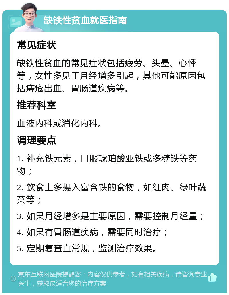 缺铁性贫血就医指南 常见症状 缺铁性贫血的常见症状包括疲劳、头晕、心悸等，女性多见于月经增多引起，其他可能原因包括痔疮出血、胃肠道疾病等。 推荐科室 血液内科或消化内科。 调理要点 1. 补充铁元素，口服琥珀酸亚铁或多糖铁等药物； 2. 饮食上多摄入富含铁的食物，如红肉、绿叶蔬菜等； 3. 如果月经增多是主要原因，需要控制月经量； 4. 如果有胃肠道疾病，需要同时治疗； 5. 定期复查血常规，监测治疗效果。