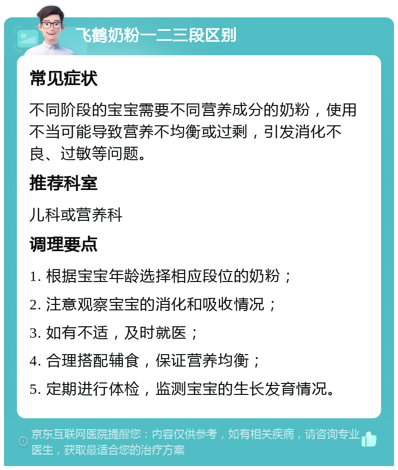 飞鹤奶粉一二三段区别 常见症状 不同阶段的宝宝需要不同营养成分的奶粉，使用不当可能导致营养不均衡或过剩，引发消化不良、过敏等问题。 推荐科室 儿科或营养科 调理要点 1. 根据宝宝年龄选择相应段位的奶粉； 2. 注意观察宝宝的消化和吸收情况； 3. 如有不适，及时就医； 4. 合理搭配辅食，保证营养均衡； 5. 定期进行体检，监测宝宝的生长发育情况。