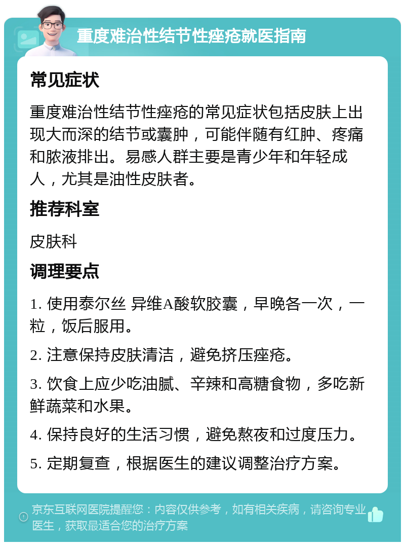 重度难治性结节性痤疮就医指南 常见症状 重度难治性结节性痤疮的常见症状包括皮肤上出现大而深的结节或囊肿，可能伴随有红肿、疼痛和脓液排出。易感人群主要是青少年和年轻成人，尤其是油性皮肤者。 推荐科室 皮肤科 调理要点 1. 使用泰尔丝 异维A酸软胶囊，早晚各一次，一粒，饭后服用。 2. 注意保持皮肤清洁，避免挤压痤疮。 3. 饮食上应少吃油腻、辛辣和高糖食物，多吃新鲜蔬菜和水果。 4. 保持良好的生活习惯，避免熬夜和过度压力。 5. 定期复查，根据医生的建议调整治疗方案。