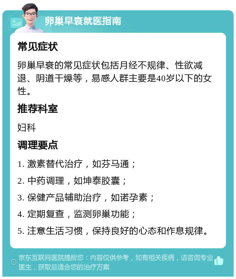 卵巢早衰就医指南 常见症状 卵巢早衰的常见症状包括月经不规律、性欲减退、阴道干燥等，易感人群主要是40岁以下的女性。 推荐科室 妇科 调理要点 1. 激素替代治疗，如芬马通； 2. 中药调理，如坤泰胶囊； 3. 保健产品辅助治疗，如诺孕素； 4. 定期复查，监测卵巢功能； 5. 注意生活习惯，保持良好的心态和作息规律。