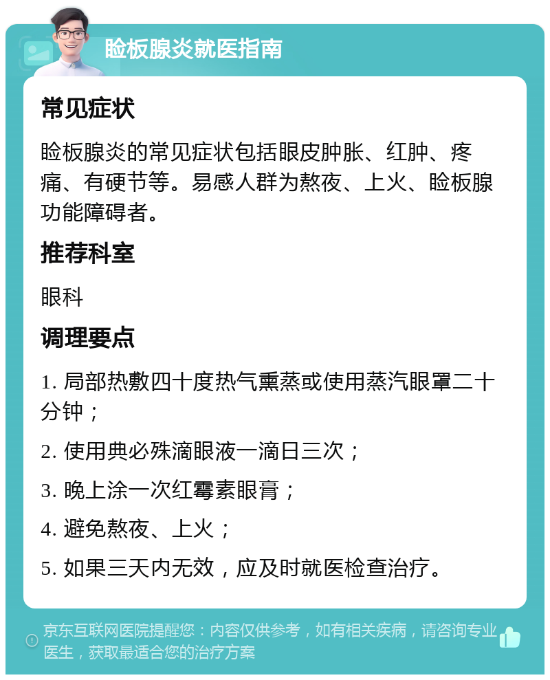 睑板腺炎就医指南 常见症状 睑板腺炎的常见症状包括眼皮肿胀、红肿、疼痛、有硬节等。易感人群为熬夜、上火、睑板腺功能障碍者。 推荐科室 眼科 调理要点 1. 局部热敷四十度热气熏蒸或使用蒸汽眼罩二十分钟； 2. 使用典必殊滴眼液一滴日三次； 3. 晚上涂一次红霉素眼膏； 4. 避免熬夜、上火； 5. 如果三天内无效，应及时就医检查治疗。