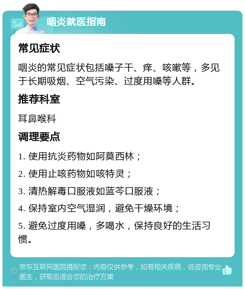 咽炎就医指南 常见症状 咽炎的常见症状包括嗓子干、痒、咳嗽等，多见于长期吸烟、空气污染、过度用嗓等人群。 推荐科室 耳鼻喉科 调理要点 1. 使用抗炎药物如阿莫西林； 2. 使用止咳药物如咳特灵； 3. 清热解毒口服液如蓝芩口服液； 4. 保持室内空气湿润，避免干燥环境； 5. 避免过度用嗓，多喝水，保持良好的生活习惯。