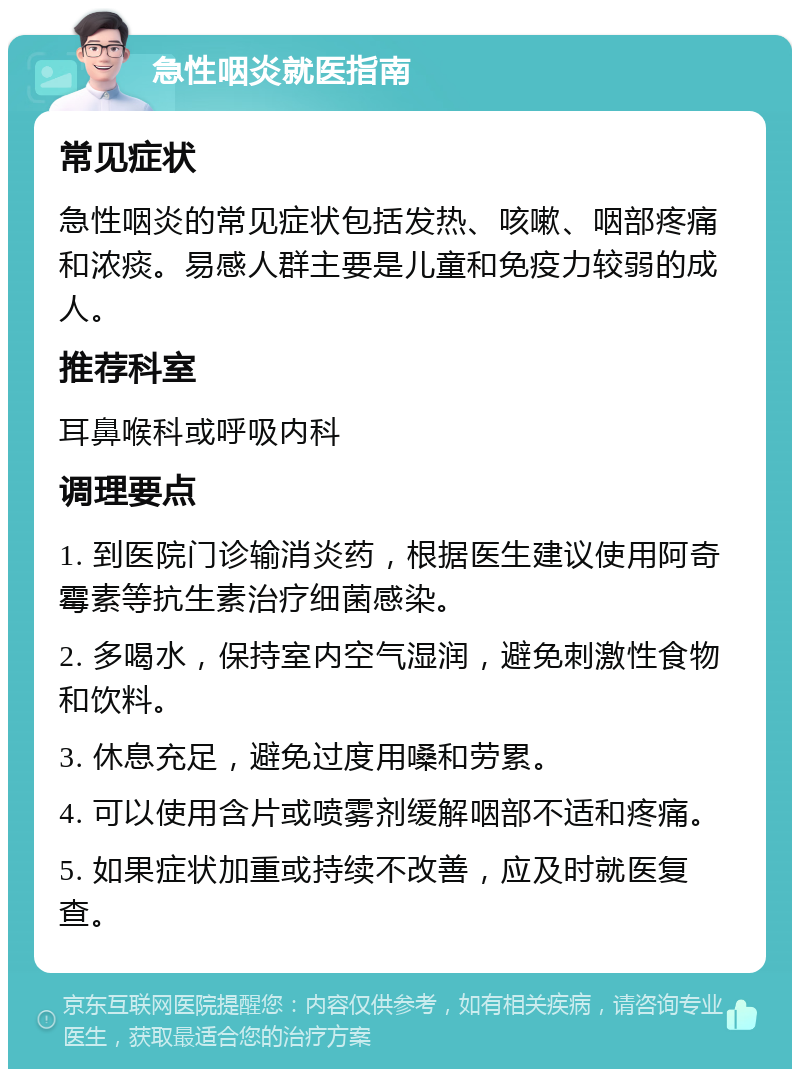 急性咽炎就医指南 常见症状 急性咽炎的常见症状包括发热、咳嗽、咽部疼痛和浓痰。易感人群主要是儿童和免疫力较弱的成人。 推荐科室 耳鼻喉科或呼吸内科 调理要点 1. 到医院门诊输消炎药，根据医生建议使用阿奇霉素等抗生素治疗细菌感染。 2. 多喝水，保持室内空气湿润，避免刺激性食物和饮料。 3. 休息充足，避免过度用嗓和劳累。 4. 可以使用含片或喷雾剂缓解咽部不适和疼痛。 5. 如果症状加重或持续不改善，应及时就医复查。