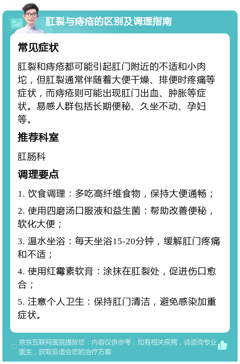 肛裂与痔疮的区别及调理指南 常见症状 肛裂和痔疮都可能引起肛门附近的不适和小肉坨，但肛裂通常伴随着大便干燥、排便时疼痛等症状，而痔疮则可能出现肛门出血、肿胀等症状。易感人群包括长期便秘、久坐不动、孕妇等。 推荐科室 肛肠科 调理要点 1. 饮食调理：多吃高纤维食物，保持大便通畅； 2. 使用四磨汤口服液和益生菌：帮助改善便秘，软化大便； 3. 温水坐浴：每天坐浴15-20分钟，缓解肛门疼痛和不适； 4. 使用红霉素软膏：涂抹在肛裂处，促进伤口愈合； 5. 注意个人卫生：保持肛门清洁，避免感染加重症状。