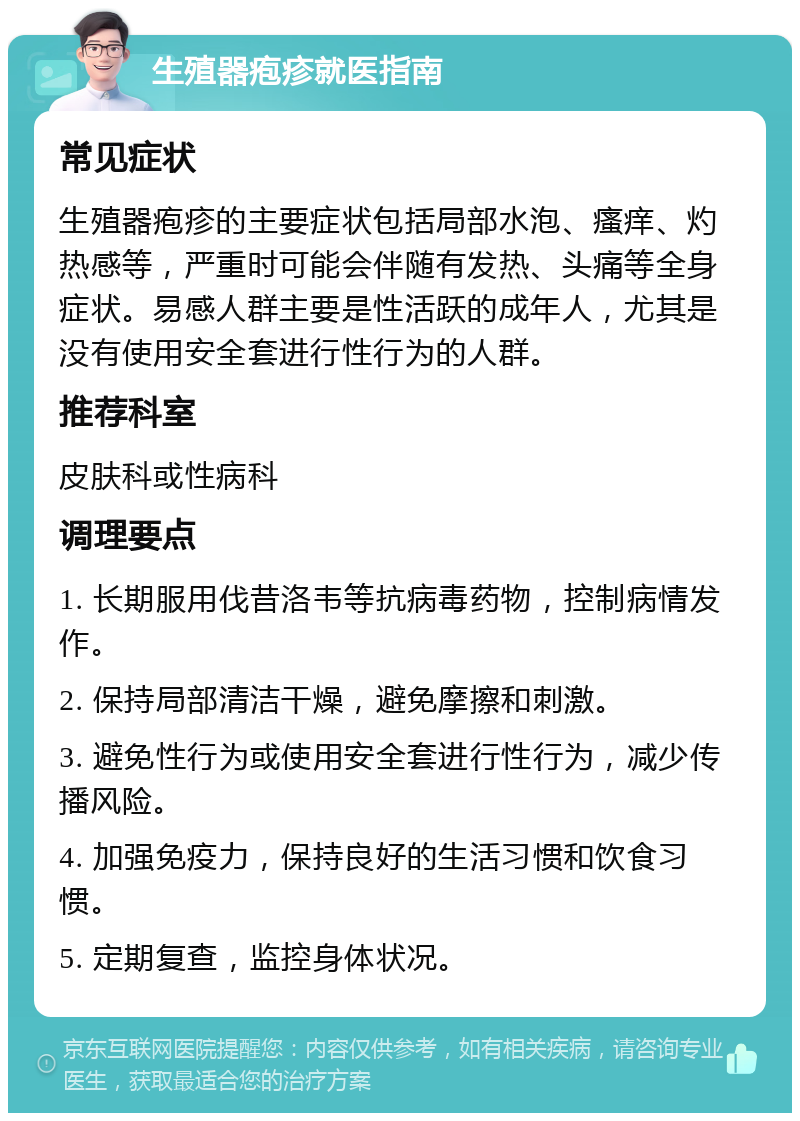 生殖器疱疹就医指南 常见症状 生殖器疱疹的主要症状包括局部水泡、瘙痒、灼热感等，严重时可能会伴随有发热、头痛等全身症状。易感人群主要是性活跃的成年人，尤其是没有使用安全套进行性行为的人群。 推荐科室 皮肤科或性病科 调理要点 1. 长期服用伐昔洛韦等抗病毒药物，控制病情发作。 2. 保持局部清洁干燥，避免摩擦和刺激。 3. 避免性行为或使用安全套进行性行为，减少传播风险。 4. 加强免疫力，保持良好的生活习惯和饮食习惯。 5. 定期复查，监控身体状况。