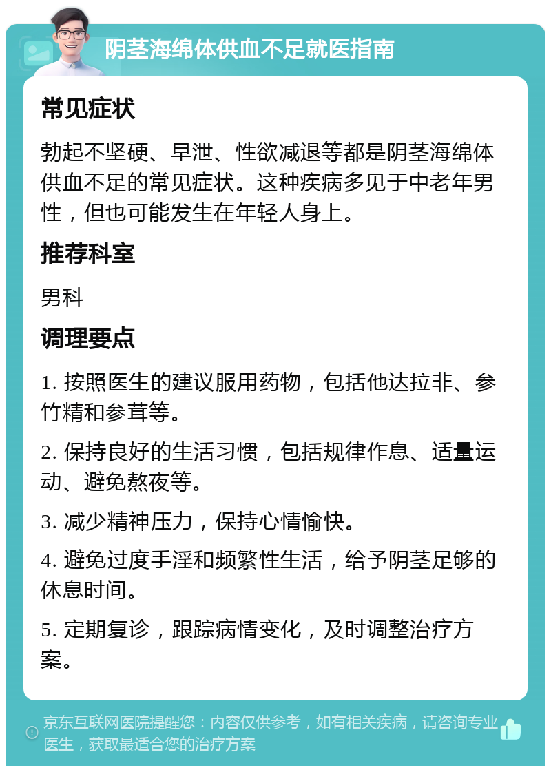 阴茎海绵体供血不足就医指南 常见症状 勃起不坚硬、早泄、性欲减退等都是阴茎海绵体供血不足的常见症状。这种疾病多见于中老年男性，但也可能发生在年轻人身上。 推荐科室 男科 调理要点 1. 按照医生的建议服用药物，包括他达拉非、参竹精和参茸等。 2. 保持良好的生活习惯，包括规律作息、适量运动、避免熬夜等。 3. 减少精神压力，保持心情愉快。 4. 避免过度手淫和频繁性生活，给予阴茎足够的休息时间。 5. 定期复诊，跟踪病情变化，及时调整治疗方案。