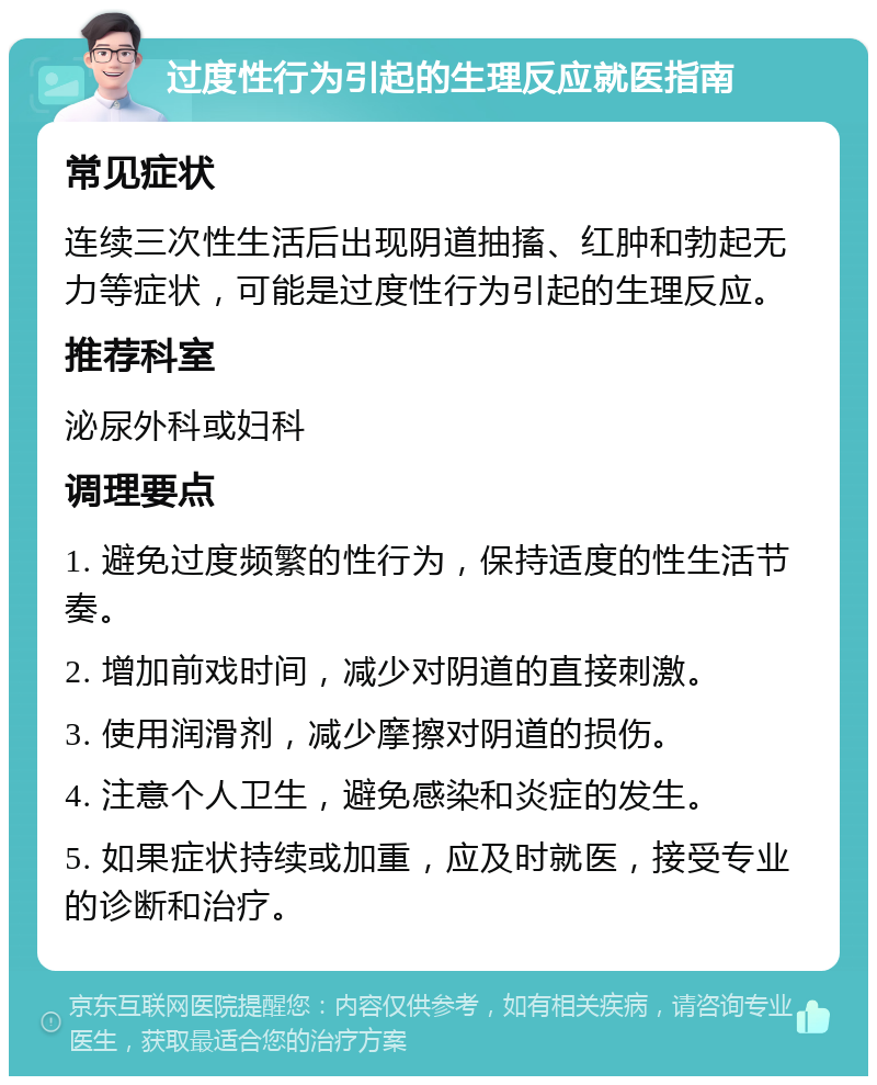 过度性行为引起的生理反应就医指南 常见症状 连续三次性生活后出现阴道抽搐、红肿和勃起无力等症状，可能是过度性行为引起的生理反应。 推荐科室 泌尿外科或妇科 调理要点 1. 避免过度频繁的性行为，保持适度的性生活节奏。 2. 增加前戏时间，减少对阴道的直接刺激。 3. 使用润滑剂，减少摩擦对阴道的损伤。 4. 注意个人卫生，避免感染和炎症的发生。 5. 如果症状持续或加重，应及时就医，接受专业的诊断和治疗。