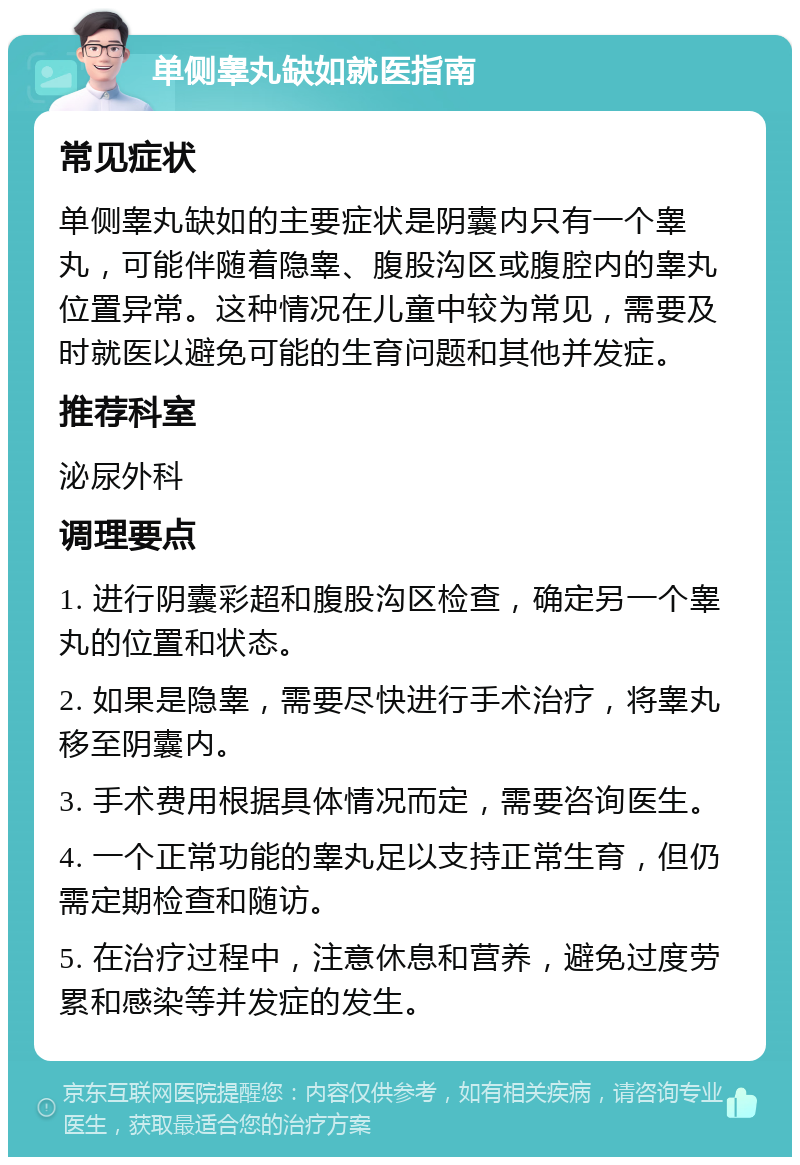 单侧睾丸缺如就医指南 常见症状 单侧睾丸缺如的主要症状是阴囊内只有一个睾丸，可能伴随着隐睾、腹股沟区或腹腔内的睾丸位置异常。这种情况在儿童中较为常见，需要及时就医以避免可能的生育问题和其他并发症。 推荐科室 泌尿外科 调理要点 1. 进行阴囊彩超和腹股沟区检查，确定另一个睾丸的位置和状态。 2. 如果是隐睾，需要尽快进行手术治疗，将睾丸移至阴囊内。 3. 手术费用根据具体情况而定，需要咨询医生。 4. 一个正常功能的睾丸足以支持正常生育，但仍需定期检查和随访。 5. 在治疗过程中，注意休息和营养，避免过度劳累和感染等并发症的发生。