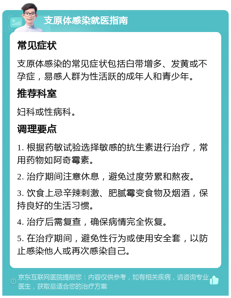 支原体感染就医指南 常见症状 支原体感染的常见症状包括白带增多、发黄或不孕症，易感人群为性活跃的成年人和青少年。 推荐科室 妇科或性病科。 调理要点 1. 根据药敏试验选择敏感的抗生素进行治疗，常用药物如阿奇霉素。 2. 治疗期间注意休息，避免过度劳累和熬夜。 3. 饮食上忌辛辣刺激、肥腻霉变食物及烟酒，保持良好的生活习惯。 4. 治疗后需复查，确保病情完全恢复。 5. 在治疗期间，避免性行为或使用安全套，以防止感染他人或再次感染自己。