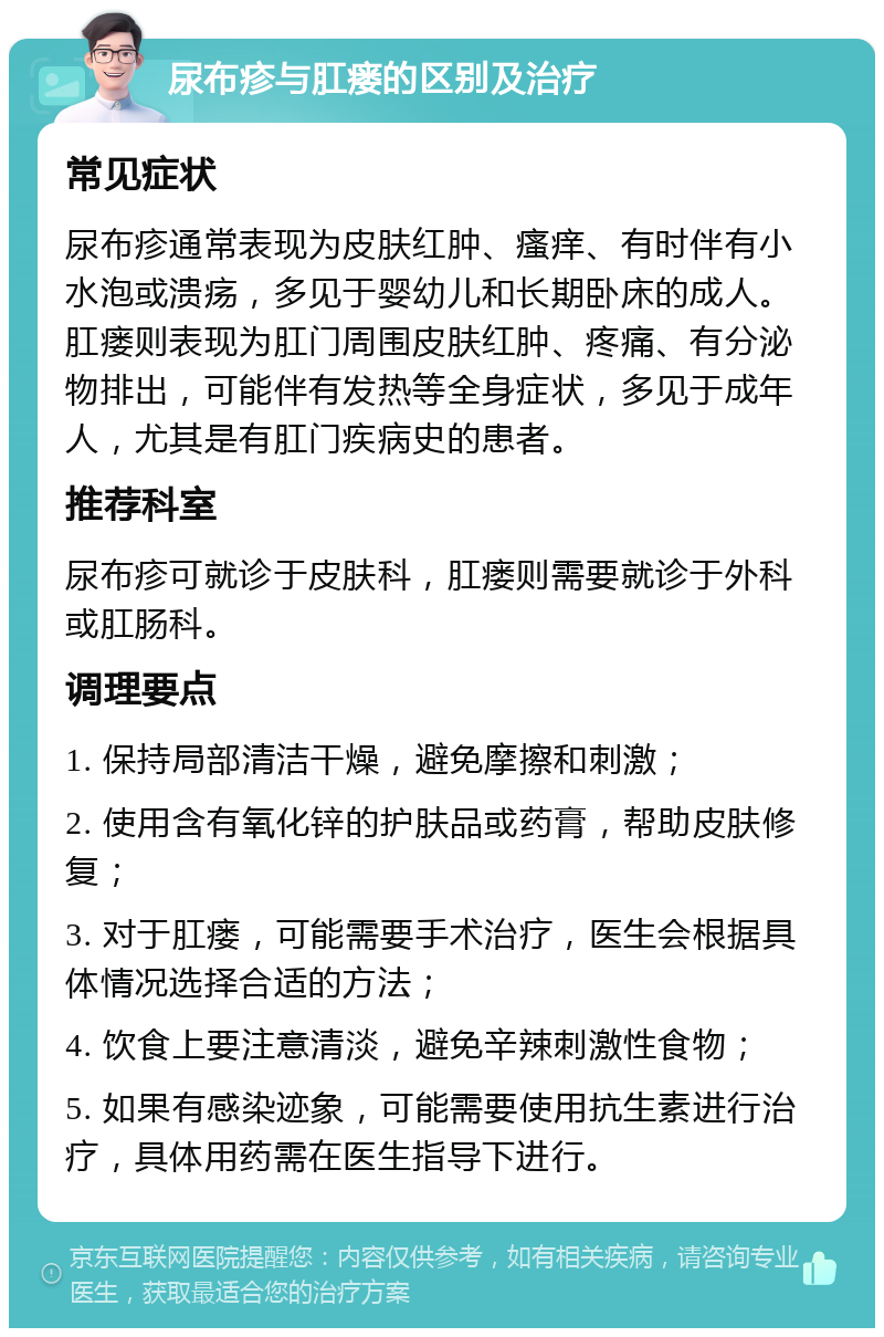 尿布疹与肛瘘的区别及治疗 常见症状 尿布疹通常表现为皮肤红肿、瘙痒、有时伴有小水泡或溃疡，多见于婴幼儿和长期卧床的成人。肛瘘则表现为肛门周围皮肤红肿、疼痛、有分泌物排出，可能伴有发热等全身症状，多见于成年人，尤其是有肛门疾病史的患者。 推荐科室 尿布疹可就诊于皮肤科，肛瘘则需要就诊于外科或肛肠科。 调理要点 1. 保持局部清洁干燥，避免摩擦和刺激； 2. 使用含有氧化锌的护肤品或药膏，帮助皮肤修复； 3. 对于肛瘘，可能需要手术治疗，医生会根据具体情况选择合适的方法； 4. 饮食上要注意清淡，避免辛辣刺激性食物； 5. 如果有感染迹象，可能需要使用抗生素进行治疗，具体用药需在医生指导下进行。