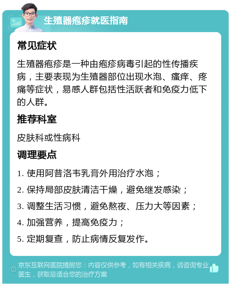 生殖器疱疹就医指南 常见症状 生殖器疱疹是一种由疱疹病毒引起的性传播疾病，主要表现为生殖器部位出现水泡、瘙痒、疼痛等症状，易感人群包括性活跃者和免疫力低下的人群。 推荐科室 皮肤科或性病科 调理要点 1. 使用阿昔洛韦乳膏外用治疗水泡； 2. 保持局部皮肤清洁干燥，避免继发感染； 3. 调整生活习惯，避免熬夜、压力大等因素； 4. 加强营养，提高免疫力； 5. 定期复查，防止病情反复发作。