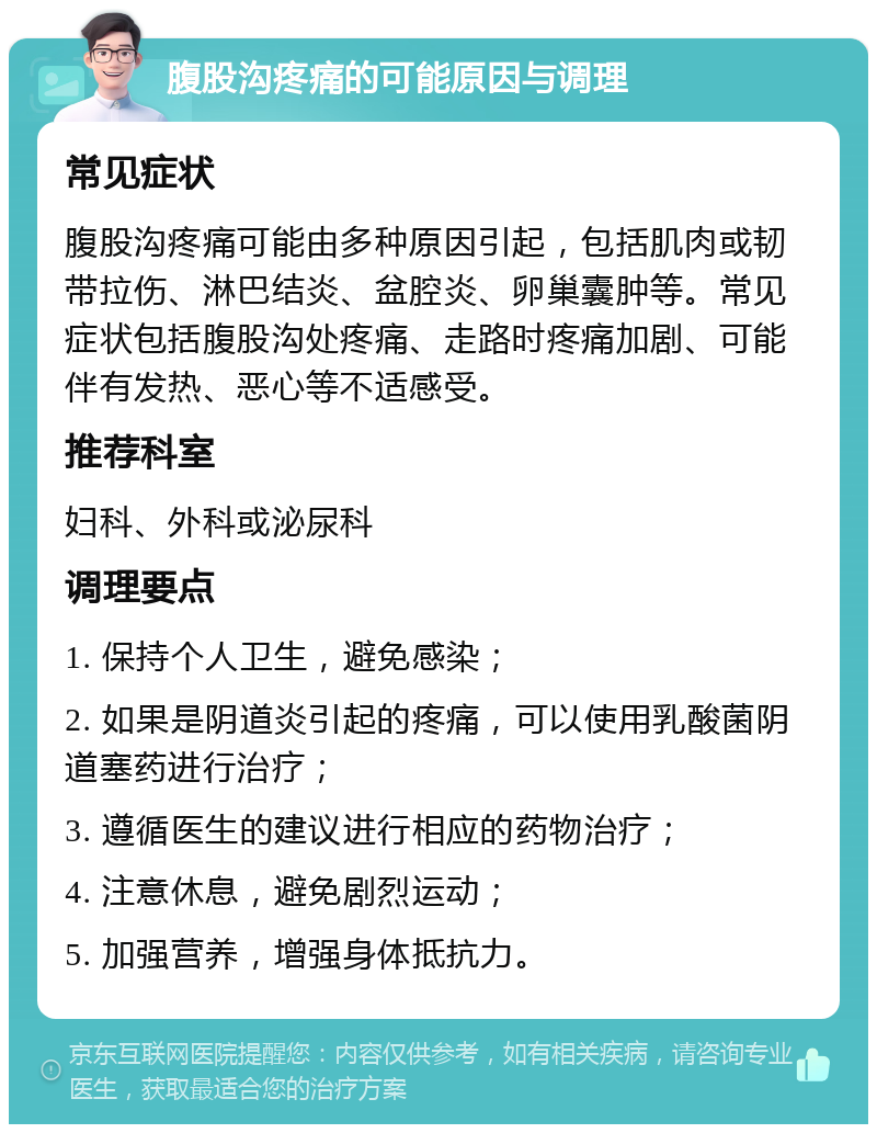 腹股沟疼痛的可能原因与调理 常见症状 腹股沟疼痛可能由多种原因引起，包括肌肉或韧带拉伤、淋巴结炎、盆腔炎、卵巢囊肿等。常见症状包括腹股沟处疼痛、走路时疼痛加剧、可能伴有发热、恶心等不适感受。 推荐科室 妇科、外科或泌尿科 调理要点 1. 保持个人卫生，避免感染； 2. 如果是阴道炎引起的疼痛，可以使用乳酸菌阴道塞药进行治疗； 3. 遵循医生的建议进行相应的药物治疗； 4. 注意休息，避免剧烈运动； 5. 加强营养，增强身体抵抗力。