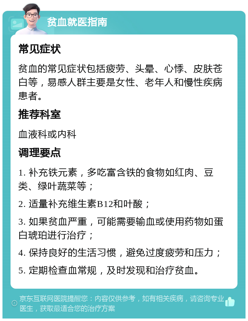 贫血就医指南 常见症状 贫血的常见症状包括疲劳、头晕、心悸、皮肤苍白等，易感人群主要是女性、老年人和慢性疾病患者。 推荐科室 血液科或内科 调理要点 1. 补充铁元素，多吃富含铁的食物如红肉、豆类、绿叶蔬菜等； 2. 适量补充维生素B12和叶酸； 3. 如果贫血严重，可能需要输血或使用药物如蛋白琥珀进行治疗； 4. 保持良好的生活习惯，避免过度疲劳和压力； 5. 定期检查血常规，及时发现和治疗贫血。