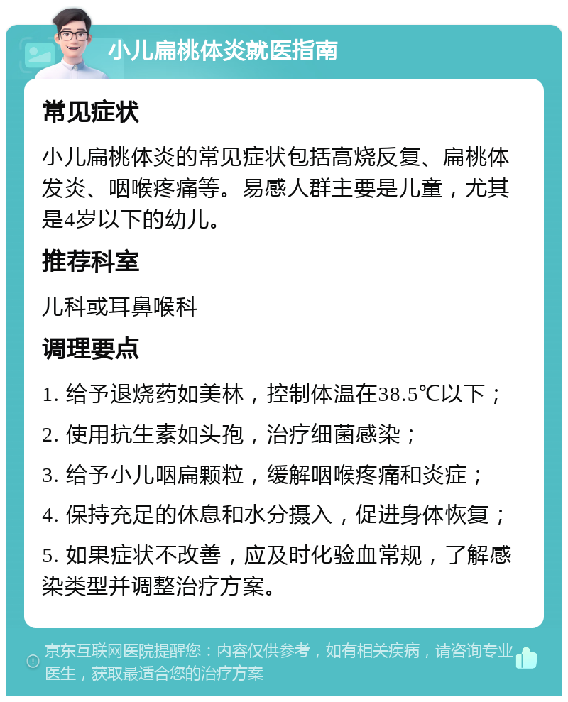 小儿扁桃体炎就医指南 常见症状 小儿扁桃体炎的常见症状包括高烧反复、扁桃体发炎、咽喉疼痛等。易感人群主要是儿童，尤其是4岁以下的幼儿。 推荐科室 儿科或耳鼻喉科 调理要点 1. 给予退烧药如美林，控制体温在38.5℃以下； 2. 使用抗生素如头孢，治疗细菌感染； 3. 给予小儿咽扁颗粒，缓解咽喉疼痛和炎症； 4. 保持充足的休息和水分摄入，促进身体恢复； 5. 如果症状不改善，应及时化验血常规，了解感染类型并调整治疗方案。