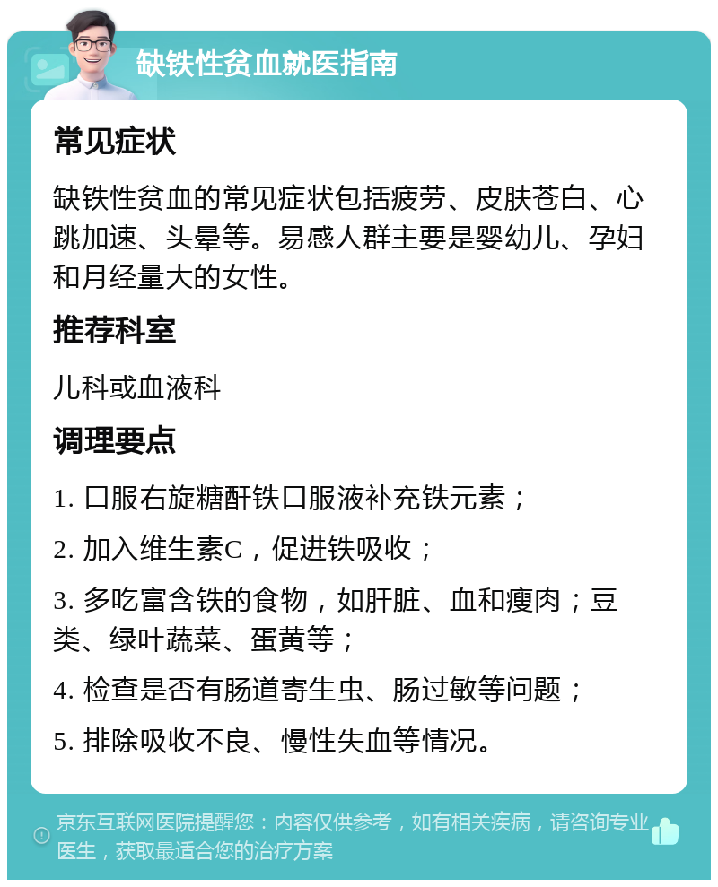 缺铁性贫血就医指南 常见症状 缺铁性贫血的常见症状包括疲劳、皮肤苍白、心跳加速、头晕等。易感人群主要是婴幼儿、孕妇和月经量大的女性。 推荐科室 儿科或血液科 调理要点 1. 口服右旋糖酐铁口服液补充铁元素； 2. 加入维生素C，促进铁吸收； 3. 多吃富含铁的食物，如肝脏、血和瘦肉；豆类、绿叶蔬菜、蛋黄等； 4. 检查是否有肠道寄生虫、肠过敏等问题； 5. 排除吸收不良、慢性失血等情况。