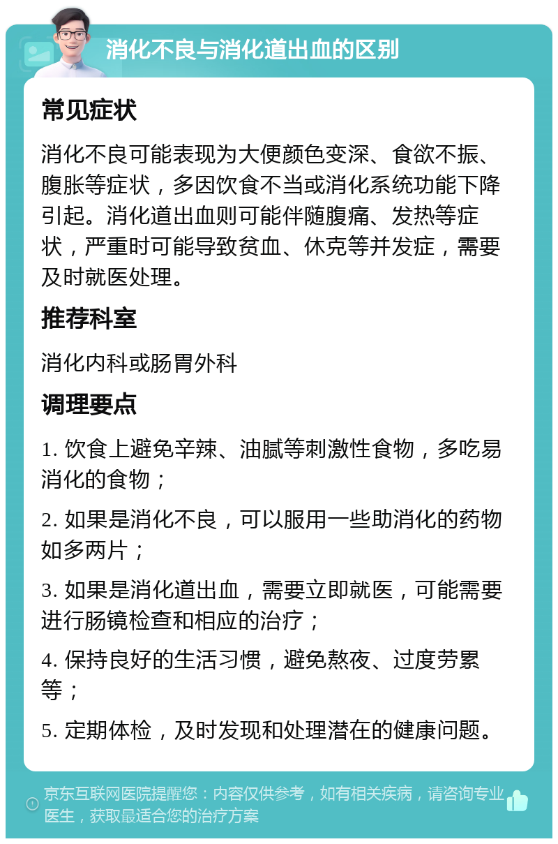 消化不良与消化道出血的区别 常见症状 消化不良可能表现为大便颜色变深、食欲不振、腹胀等症状，多因饮食不当或消化系统功能下降引起。消化道出血则可能伴随腹痛、发热等症状，严重时可能导致贫血、休克等并发症，需要及时就医处理。 推荐科室 消化内科或肠胃外科 调理要点 1. 饮食上避免辛辣、油腻等刺激性食物，多吃易消化的食物； 2. 如果是消化不良，可以服用一些助消化的药物如多两片； 3. 如果是消化道出血，需要立即就医，可能需要进行肠镜检查和相应的治疗； 4. 保持良好的生活习惯，避免熬夜、过度劳累等； 5. 定期体检，及时发现和处理潜在的健康问题。