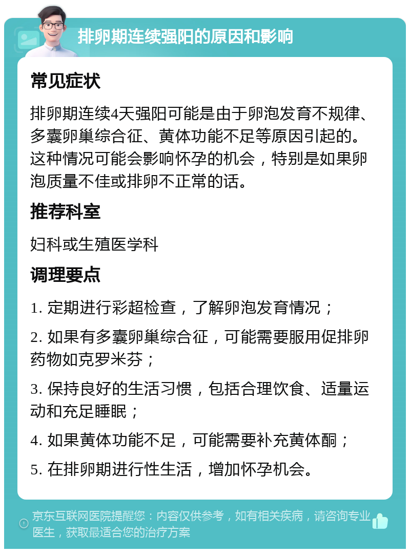 排卵期连续强阳的原因和影响 常见症状 排卵期连续4天强阳可能是由于卵泡发育不规律、多囊卵巢综合征、黄体功能不足等原因引起的。这种情况可能会影响怀孕的机会，特别是如果卵泡质量不佳或排卵不正常的话。 推荐科室 妇科或生殖医学科 调理要点 1. 定期进行彩超检查，了解卵泡发育情况； 2. 如果有多囊卵巢综合征，可能需要服用促排卵药物如克罗米芬； 3. 保持良好的生活习惯，包括合理饮食、适量运动和充足睡眠； 4. 如果黄体功能不足，可能需要补充黄体酮； 5. 在排卵期进行性生活，增加怀孕机会。