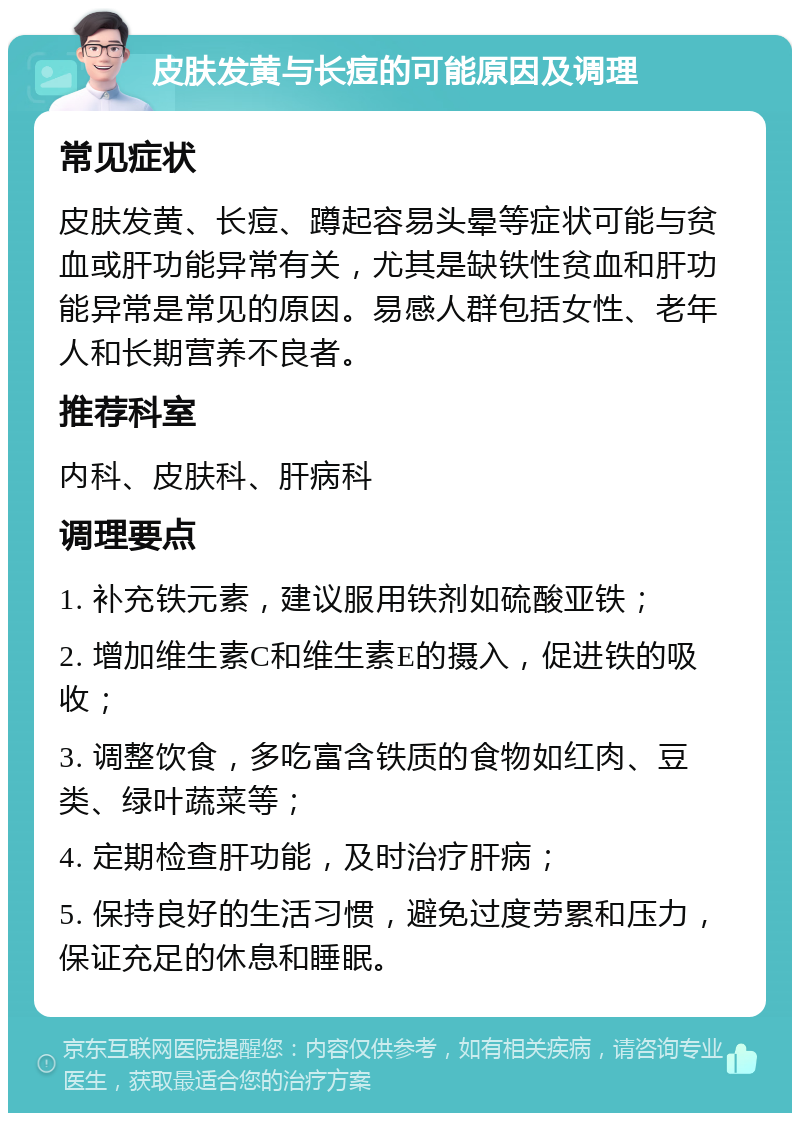 皮肤发黄与长痘的可能原因及调理 常见症状 皮肤发黄、长痘、蹲起容易头晕等症状可能与贫血或肝功能异常有关，尤其是缺铁性贫血和肝功能异常是常见的原因。易感人群包括女性、老年人和长期营养不良者。 推荐科室 内科、皮肤科、肝病科 调理要点 1. 补充铁元素，建议服用铁剂如硫酸亚铁； 2. 增加维生素C和维生素E的摄入，促进铁的吸收； 3. 调整饮食，多吃富含铁质的食物如红肉、豆类、绿叶蔬菜等； 4. 定期检查肝功能，及时治疗肝病； 5. 保持良好的生活习惯，避免过度劳累和压力，保证充足的休息和睡眠。