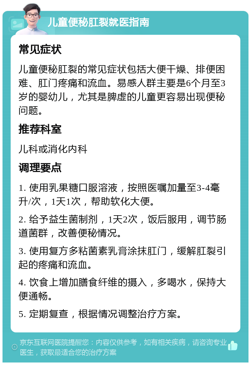 儿童便秘肛裂就医指南 常见症状 儿童便秘肛裂的常见症状包括大便干燥、排便困难、肛门疼痛和流血。易感人群主要是6个月至3岁的婴幼儿，尤其是脾虚的儿童更容易出现便秘问题。 推荐科室 儿科或消化内科 调理要点 1. 使用乳果糖口服溶液，按照医嘱加量至3-4毫升/次，1天1次，帮助软化大便。 2. 给予益生菌制剂，1天2次，饭后服用，调节肠道菌群，改善便秘情况。 3. 使用复方多粘菌素乳膏涂抹肛门，缓解肛裂引起的疼痛和流血。 4. 饮食上增加膳食纤维的摄入，多喝水，保持大便通畅。 5. 定期复查，根据情况调整治疗方案。