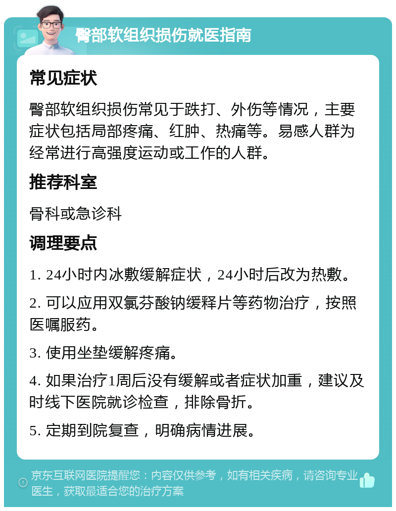 臀部软组织损伤就医指南 常见症状 臀部软组织损伤常见于跌打、外伤等情况，主要症状包括局部疼痛、红肿、热痛等。易感人群为经常进行高强度运动或工作的人群。 推荐科室 骨科或急诊科 调理要点 1. 24小时内冰敷缓解症状，24小时后改为热敷。 2. 可以应用双氯芬酸钠缓释片等药物治疗，按照医嘱服药。 3. 使用坐垫缓解疼痛。 4. 如果治疗1周后没有缓解或者症状加重，建议及时线下医院就诊检查，排除骨折。 5. 定期到院复查，明确病情进展。