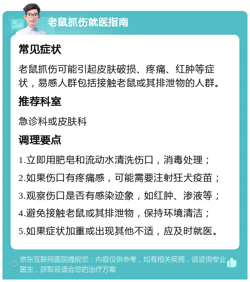 老鼠抓伤就医指南 常见症状 老鼠抓伤可能引起皮肤破损、疼痛、红肿等症状，易感人群包括接触老鼠或其排泄物的人群。 推荐科室 急诊科或皮肤科 调理要点 1.立即用肥皂和流动水清洗伤口，消毒处理； 2.如果伤口有疼痛感，可能需要注射狂犬疫苗； 3.观察伤口是否有感染迹象，如红肿、渗液等； 4.避免接触老鼠或其排泄物，保持环境清洁； 5.如果症状加重或出现其他不适，应及时就医。