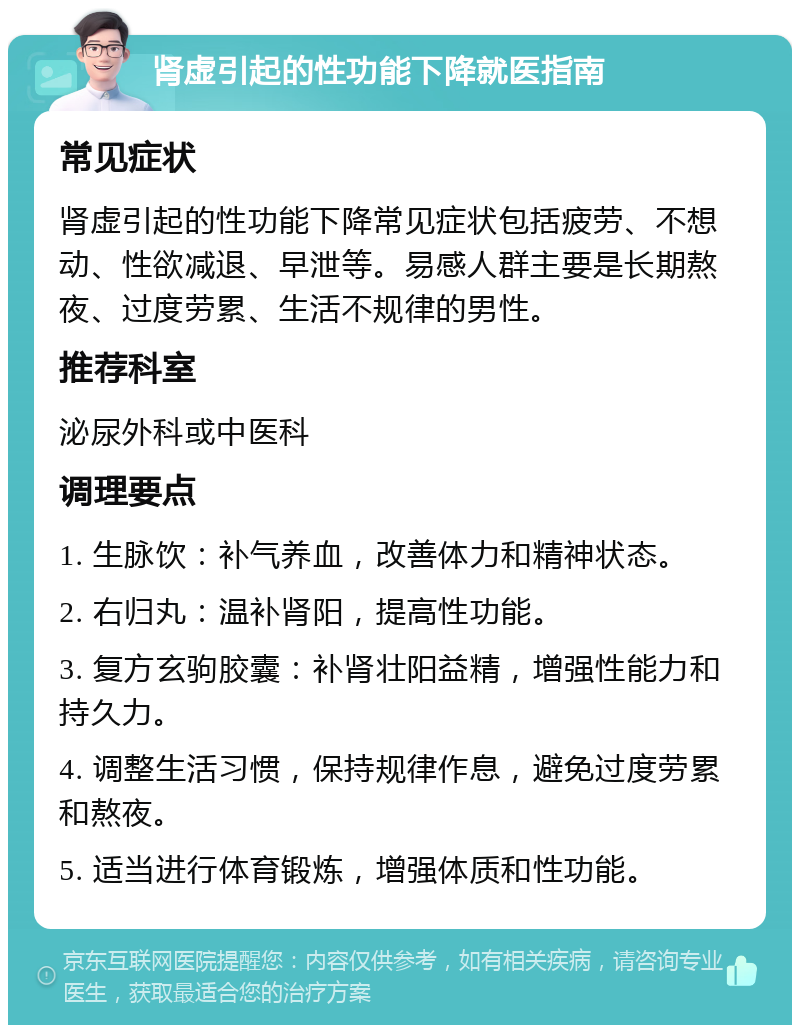 肾虚引起的性功能下降就医指南 常见症状 肾虚引起的性功能下降常见症状包括疲劳、不想动、性欲减退、早泄等。易感人群主要是长期熬夜、过度劳累、生活不规律的男性。 推荐科室 泌尿外科或中医科 调理要点 1. 生脉饮：补气养血，改善体力和精神状态。 2. 右归丸：温补肾阳，提高性功能。 3. 复方玄驹胶囊：补肾壮阳益精，增强性能力和持久力。 4. 调整生活习惯，保持规律作息，避免过度劳累和熬夜。 5. 适当进行体育锻炼，增强体质和性功能。