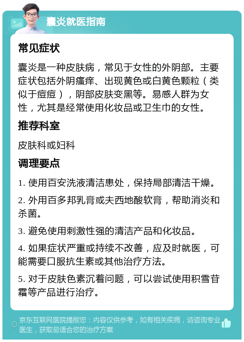 囊炎就医指南 常见症状 囊炎是一种皮肤病，常见于女性的外阴部。主要症状包括外阴瘙痒、出现黄色或白黄色颗粒（类似于痘痘），阴部皮肤变黑等。易感人群为女性，尤其是经常使用化妆品或卫生巾的女性。 推荐科室 皮肤科或妇科 调理要点 1. 使用百安洗液清洁患处，保持局部清洁干燥。 2. 外用百多邦乳膏或夫西地酸软膏，帮助消炎和杀菌。 3. 避免使用刺激性强的清洁产品和化妆品。 4. 如果症状严重或持续不改善，应及时就医，可能需要口服抗生素或其他治疗方法。 5. 对于皮肤色素沉着问题，可以尝试使用积雪苷霜等产品进行治疗。