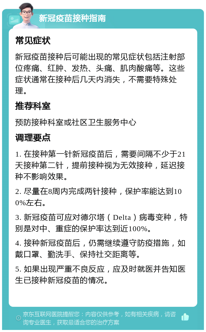 新冠疫苗接种指南 常见症状 新冠疫苗接种后可能出现的常见症状包括注射部位疼痛、红肿、发热、头痛、肌肉酸痛等。这些症状通常在接种后几天内消失，不需要特殊处理。 推荐科室 预防接种科室或社区卫生服务中心 调理要点 1. 在接种第一针新冠疫苗后，需要间隔不少于21天接种第二针，提前接种视为无效接种，延迟接种不影响效果。 2. 尽量在8周内完成两针接种，保护率能达到100%左右。 3. 新冠疫苗可应对德尔塔（Delta）病毒变种，特别是对中、重症的保护率达到近100%。 4. 接种新冠疫苗后，仍需继续遵守防疫措施，如戴口罩、勤洗手、保持社交距离等。 5. 如果出现严重不良反应，应及时就医并告知医生已接种新冠疫苗的情况。