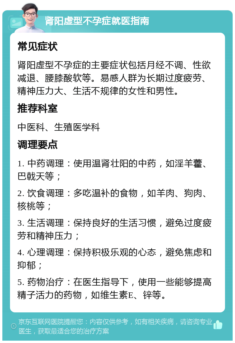 肾阳虚型不孕症就医指南 常见症状 肾阳虚型不孕症的主要症状包括月经不调、性欲减退、腰膝酸软等。易感人群为长期过度疲劳、精神压力大、生活不规律的女性和男性。 推荐科室 中医科、生殖医学科 调理要点 1. 中药调理：使用温肾壮阳的中药，如淫羊藿、巴戟天等； 2. 饮食调理：多吃温补的食物，如羊肉、狗肉、核桃等； 3. 生活调理：保持良好的生活习惯，避免过度疲劳和精神压力； 4. 心理调理：保持积极乐观的心态，避免焦虑和抑郁； 5. 药物治疗：在医生指导下，使用一些能够提高精子活力的药物，如维生素E、锌等。