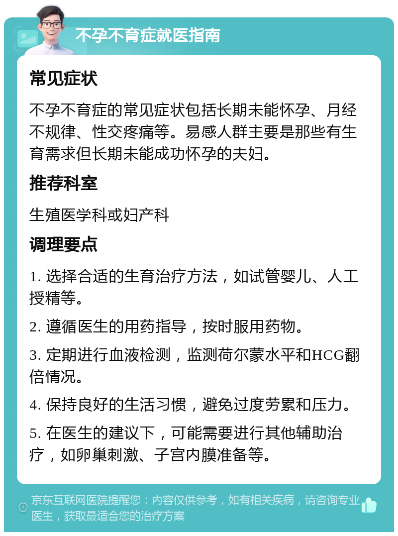 不孕不育症就医指南 常见症状 不孕不育症的常见症状包括长期未能怀孕、月经不规律、性交疼痛等。易感人群主要是那些有生育需求但长期未能成功怀孕的夫妇。 推荐科室 生殖医学科或妇产科 调理要点 1. 选择合适的生育治疗方法，如试管婴儿、人工授精等。 2. 遵循医生的用药指导，按时服用药物。 3. 定期进行血液检测，监测荷尔蒙水平和HCG翻倍情况。 4. 保持良好的生活习惯，避免过度劳累和压力。 5. 在医生的建议下，可能需要进行其他辅助治疗，如卵巢刺激、子宫内膜准备等。