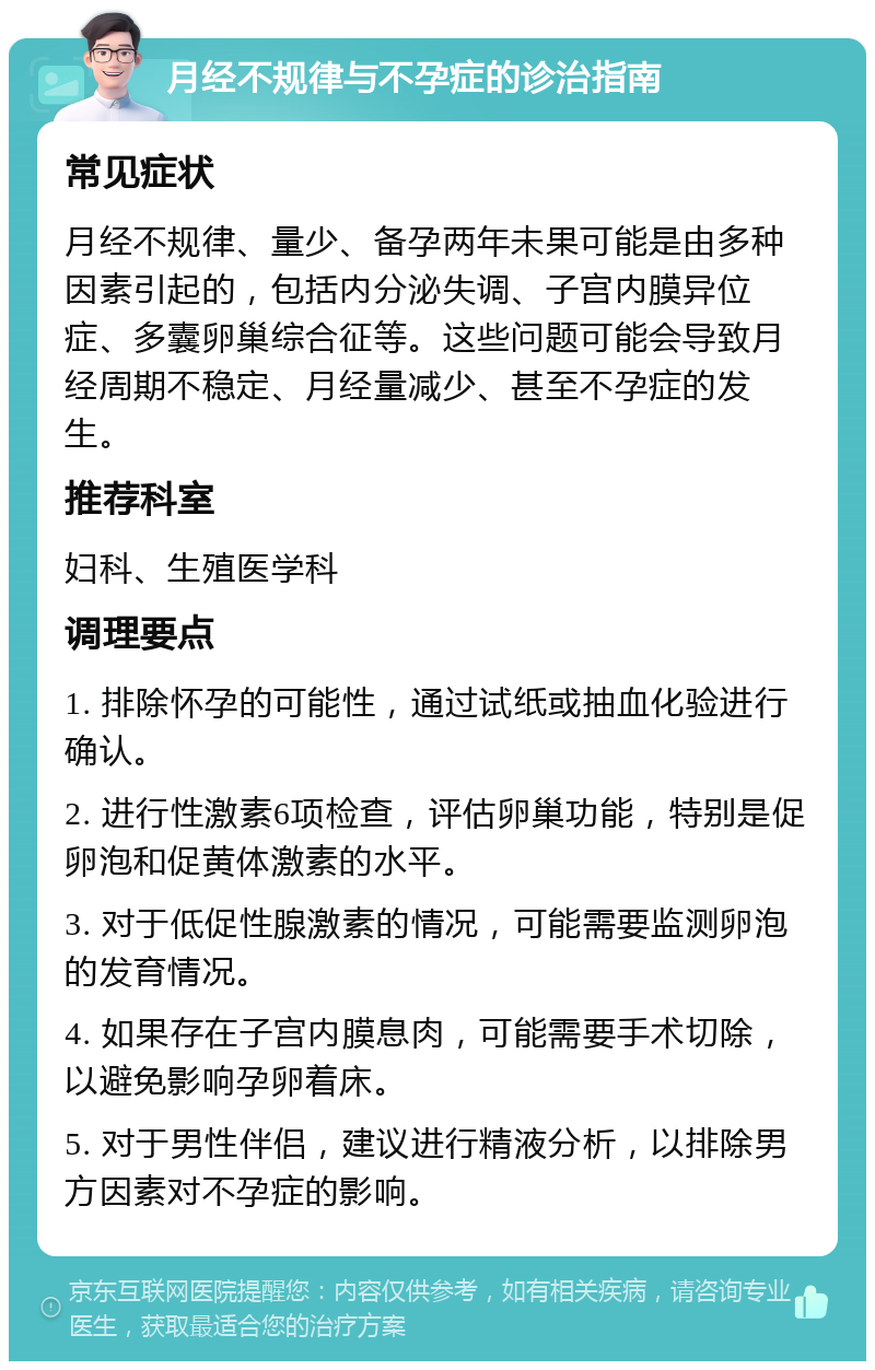 月经不规律与不孕症的诊治指南 常见症状 月经不规律、量少、备孕两年未果可能是由多种因素引起的，包括内分泌失调、子宫内膜异位症、多囊卵巢综合征等。这些问题可能会导致月经周期不稳定、月经量减少、甚至不孕症的发生。 推荐科室 妇科、生殖医学科 调理要点 1. 排除怀孕的可能性，通过试纸或抽血化验进行确认。 2. 进行性激素6项检查，评估卵巢功能，特别是促卵泡和促黄体激素的水平。 3. 对于低促性腺激素的情况，可能需要监测卵泡的发育情况。 4. 如果存在子宫内膜息肉，可能需要手术切除，以避免影响孕卵着床。 5. 对于男性伴侣，建议进行精液分析，以排除男方因素对不孕症的影响。