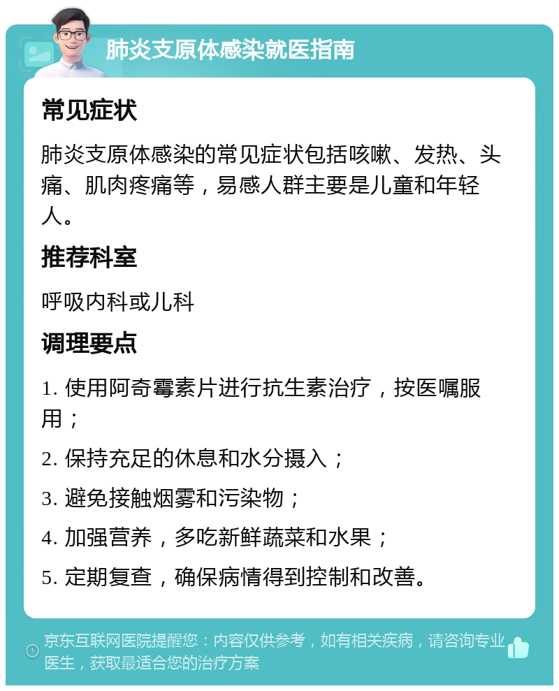 肺炎支原体感染就医指南 常见症状 肺炎支原体感染的常见症状包括咳嗽、发热、头痛、肌肉疼痛等，易感人群主要是儿童和年轻人。 推荐科室 呼吸内科或儿科 调理要点 1. 使用阿奇霉素片进行抗生素治疗，按医嘱服用； 2. 保持充足的休息和水分摄入； 3. 避免接触烟雾和污染物； 4. 加强营养，多吃新鲜蔬菜和水果； 5. 定期复查，确保病情得到控制和改善。