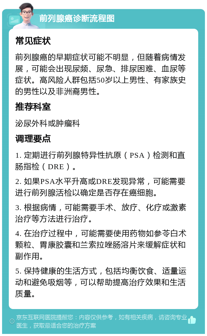 前列腺癌诊断流程图 常见症状 前列腺癌的早期症状可能不明显，但随着病情发展，可能会出现尿频、尿急、排尿困难、血尿等症状。高风险人群包括50岁以上男性、有家族史的男性以及非洲裔男性。 推荐科室 泌尿外科或肿瘤科 调理要点 1. 定期进行前列腺特异性抗原（PSA）检测和直肠指检（DRE）。 2. 如果PSA水平升高或DRE发现异常，可能需要进行前列腺活检以确定是否存在癌细胞。 3. 根据病情，可能需要手术、放疗、化疗或激素治疗等方法进行治疗。 4. 在治疗过程中，可能需要使用药物如参苓白术颗粒、胃康胶囊和兰索拉唑肠溶片来缓解症状和副作用。 5. 保持健康的生活方式，包括均衡饮食、适量运动和避免吸烟等，可以帮助提高治疗效果和生活质量。